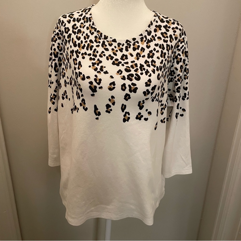 Kim Rogers Perfectly Soft 3/4 Sleeve White Top with Cheetah Spots Women’s Size L